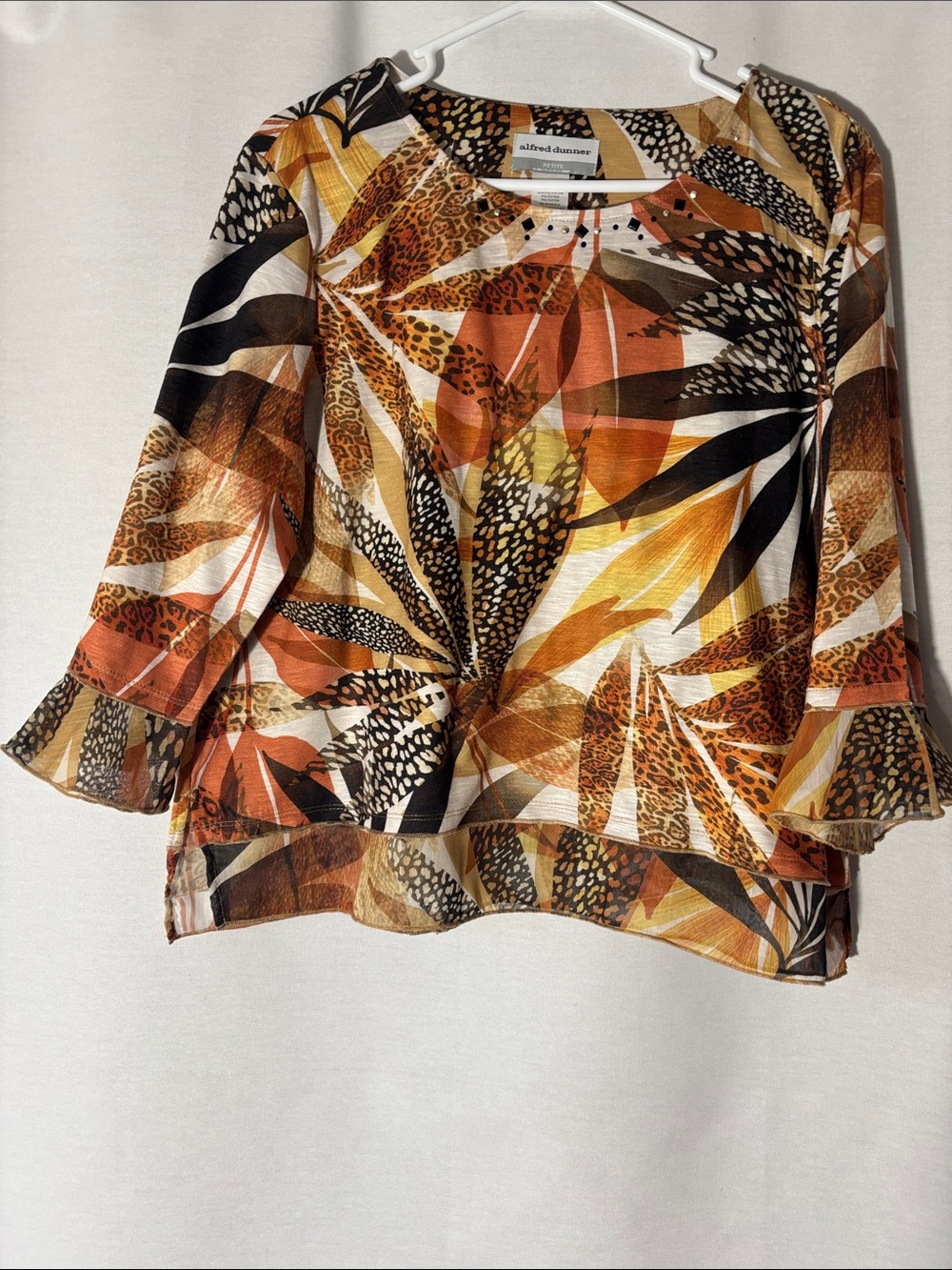 Alfred Dunner Leaf-Print Blouse in Orange, Brown and Black